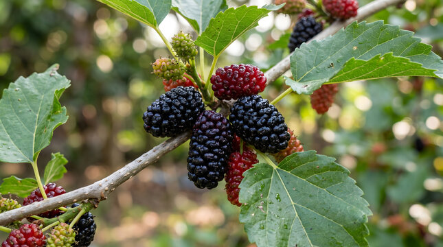Ripe mulberry fruits on a tree branch. Fresh organic berries growing in a summer garden.