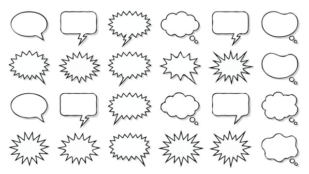 Outline comic speech bubbles set explosive shout clouds and thought bubbles on white