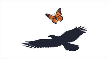 Monarch butterfly and eagle silhouette against a white background showcasing contrasting wildlife forms insect lepidoptera flying bird prey © Prosanto