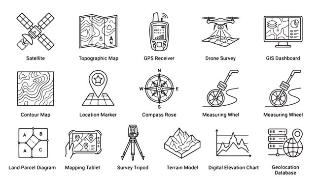 Geographic Information System icons, set of 15 land surveying and mapping vector symbols, professional GIS and topography line art graphics