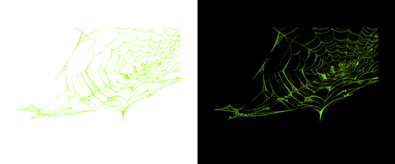 Glowing green spider web on black and white backgrounds, neon cobweb design elements, spooky radioactive spiderweb for Halloween graphics © Stocker BD