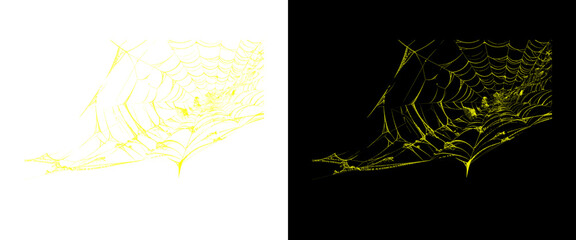 Golden spider web illustration set, glowing yellow cobweb design elements, luxury spiderweb graphics on black and white backgrounds © Stocker BD