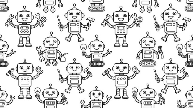 Cute Black and White Robot Pattern Illustration, Repeating Design with Robots Holding Tools and Lightbulbs, Flat Vector Graphic