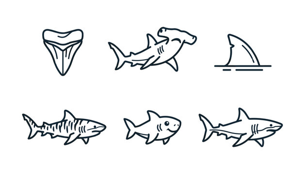 Shark and marine predator line icon set featuring hammerhead tiger shark tooth fin and cute cartoon fish vectors.