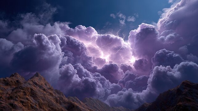 Dramatic Thunderstorm over Mountains: A powerful thunderstorm unleashes its fury above a rugged mountain range, illuminating the turbulent, purple-hued clouds with flashes of lightning.