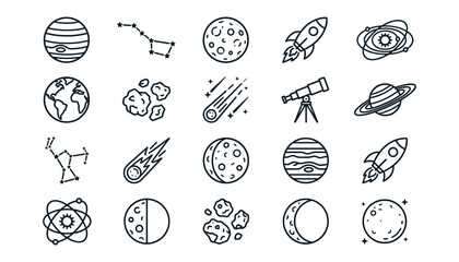 Space and astronomy line icon set featuring planets rockets constellations telescope and moon phases for cosmic vector designs. © Ridoy