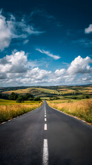 Obraz premium Scenic Rural Road Through Rolling Countryside Under Dramatic Cloudy Sky