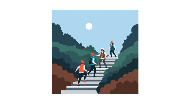 Group of people hiking up a mountain path.