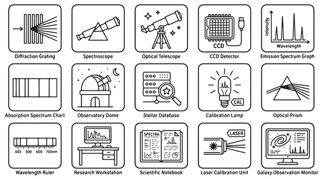 Astronomy and spectroscopy line icons set, 15 scientific laboratory vector elements, physics research equipment and observatory tools for education