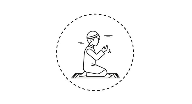 Muslim Man Praying on Prayer Mat, Islamic Icon, Line Art