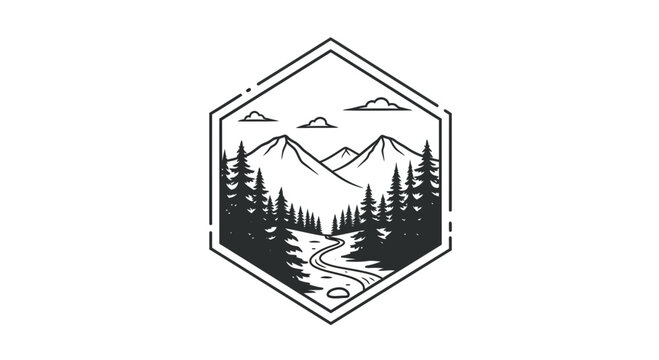 mountain landscape logo, river and pine trees