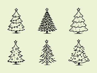 Fototapeta premium Hand Drawn Christmas Tree Doodle Set Vector Collection, Cute Sketch Christmas Tree Icons Holiday Vector Bundle