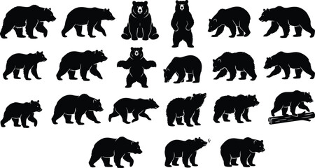 Obraz premium Bear Silhouette Collection Featuring Walking Standing Resting and Wildlife Animal Vector PosesBear Silhouette Collection Featuring Walking Standing Resting and Wildlife Animal Vector Poses