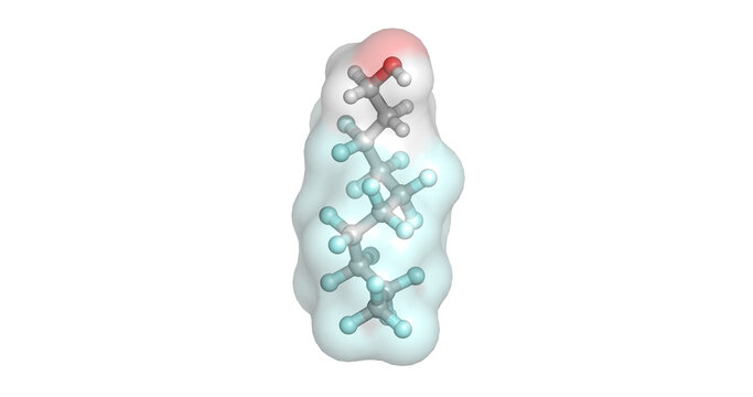 1,1,2,2-Tetrahydroperfluoro-1-decanol, 8:2 fluorotelomer alcohol PFAS precursor and persistent environmental pollutant, 3D molecule 4K