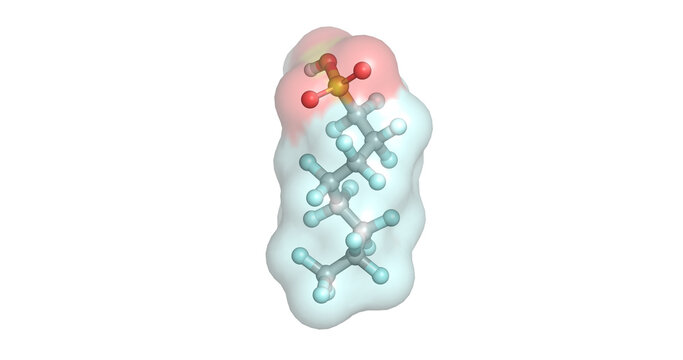 Perfluorooctanesulfonic acid, PFOS synthetic fluorosurfactant and persistent organic pollutant, 3D molecule 4K