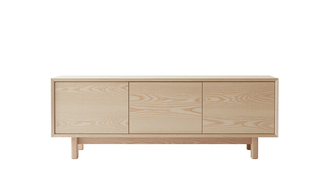 Modern wooden sideboard or TV cabinet with three compartments isolated on white background
