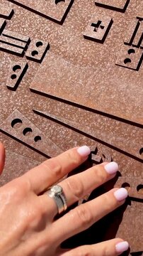 A womans hand with rings and pink manicure touches an industrial rusty metal surface with geometric cutouts and symbols. Cinematic vertical shot for mobile social media.