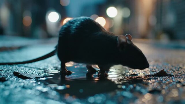 Dark rat on wet city street with bokeh lights at night