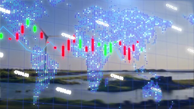 A financial candlestick chart and world map overlay a blurred landscape of wind turbines in Yuanli, Miaoli, Taiwan.