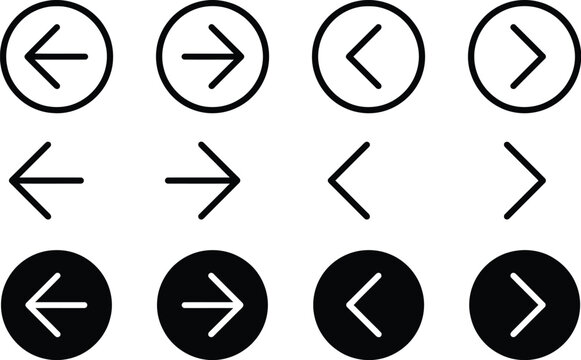Arrows set vector icons with left and right directions in outline and solid circle styles