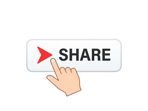Hand pressing share button with play arrow isolated on transparent background