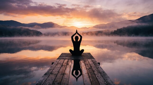 Silhouette person meditating yoga pose on dock at sunrise over misty lake, mindfulness relaxation wellness, spiritual balance inner peace, scenic landscape reflection
