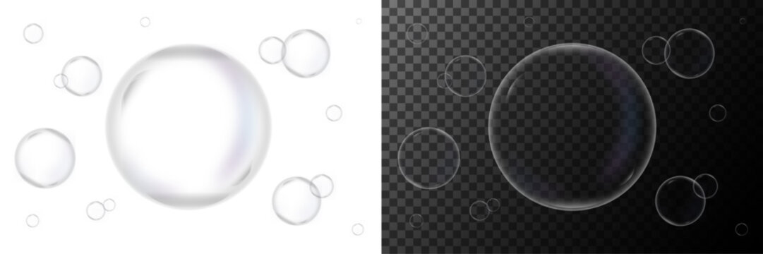 A collection of realistic transparent water bubbles floating in the air isolated on both white and dark checkered backgrounds