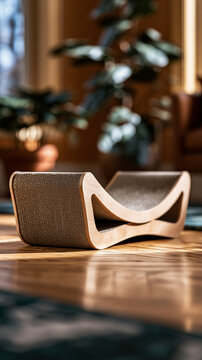Ergonomic curved brown cardboard cat scratcher lounge bed sitting on wooden floor in cozy living room.