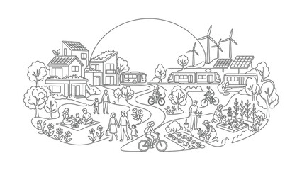 Obraz premium Sustainable Eco City Living Illustration People Biking Gardening Wind Turbines Solar Panels