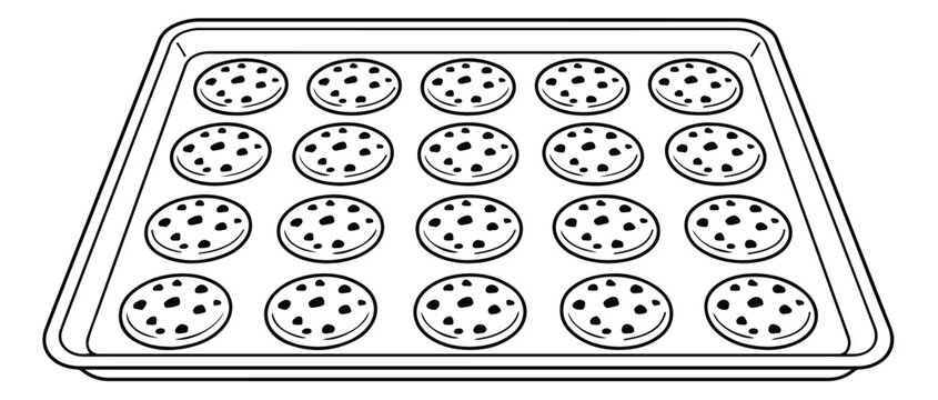 Chocolate chip cookies on baking sheet vector illustration, batch of 20 sweet biscuits on oven tray, black and white line art coloring page