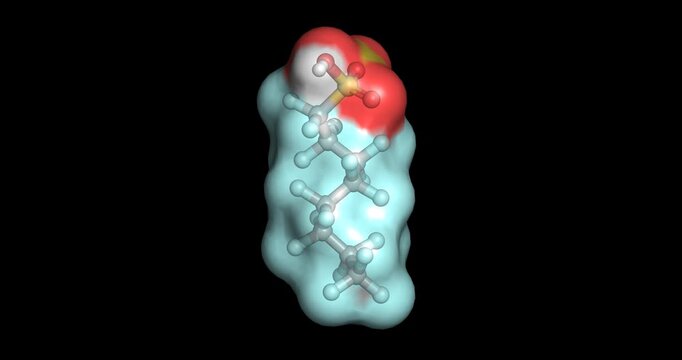 Perfluorooctanesulfonic acid, PFOS synthetic fluorosurfactant and persistent organic pollutant, 3D molecule 4K spinning