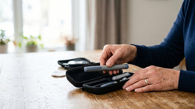 A person carefully prepares to administer insulin using a pen injector and a discreet carrying case, highlighting a focus on personal health management and medical treatment.