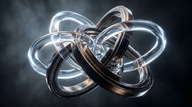 Futuristic abstract torus rings, interlocking glass and metal circles, glowing 3d geometric sculpture on dark smoky background