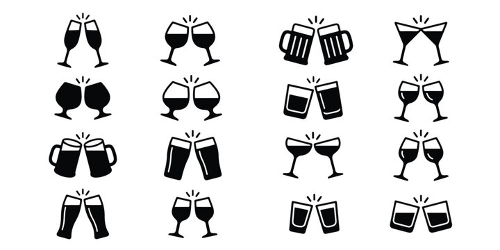Set of black toast and cheers beverage icons in flat design style with beverage celebration cocktail silhouette nightlife celebrate clinking gathering refreshment collection pictogram