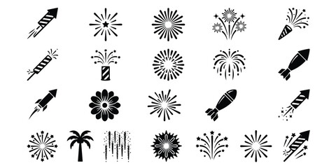Set of black and white fireworks and pyrotechnic icons with fireworks pyrotechnics celebration explosions sparkler silhouette collection celebratory abstract iconography pictogram festival © Motiur