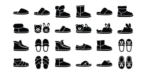 Collection of various indoor slipper and warm boot icons with slippers footwear silhouette collection winterwear clothing pictogram isolated comfortable relaxation accessory © Motiur