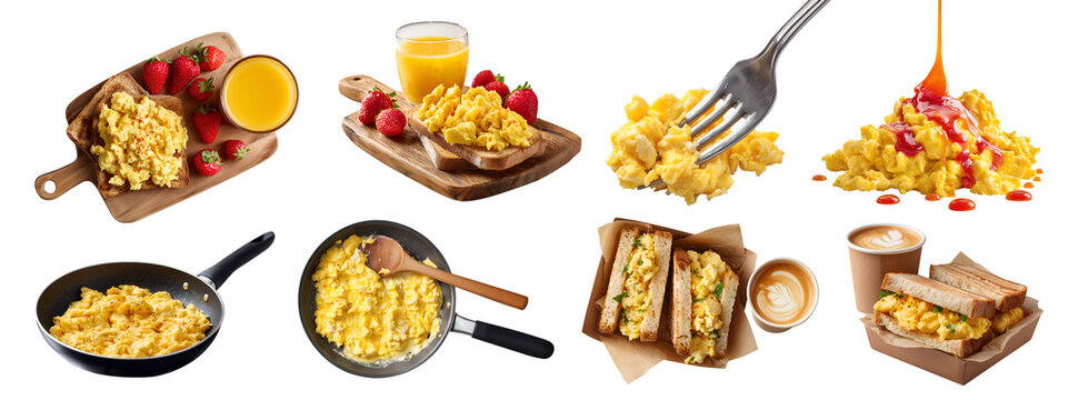 Set of scrambled eggs, stirred whipped milk creamy , fork, serving board with toast strawberry and orange juice, skillet frying pan, takeout box sandwich with coffee, transparent cutout PNG mockup