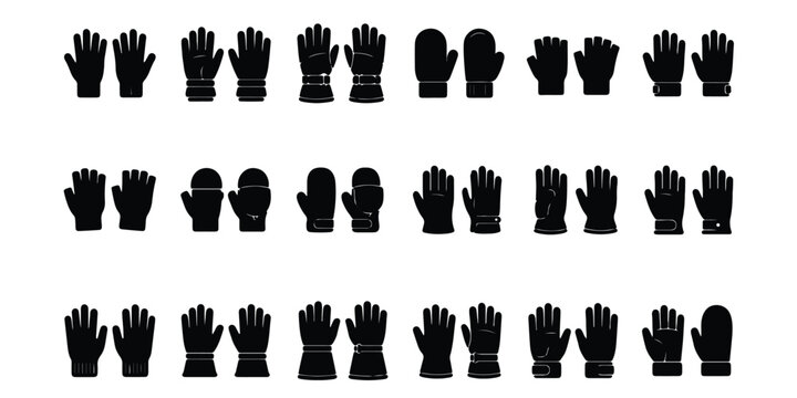 Set of black silhouette winter gloves and mittens icons with clothing silhouette accessories seasonal handwear protection collection isolated wintertime accessory