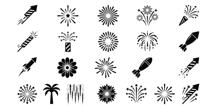 Set of black and white fireworks and pyrotechnic icons with fireworks pyrotechnics celebration explosions sparkler silhouette collection celebratory abstract iconography pictogram festival