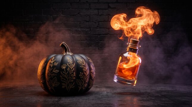 Spooky Halloween backdrop featuring a glowing magic elixir, black carved pumpkin, dramatic smoke, warm orange light, and dark brick wall for banners and posters.