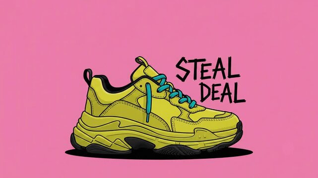 Animated yellow chunky sneaker with steal deal text on pink