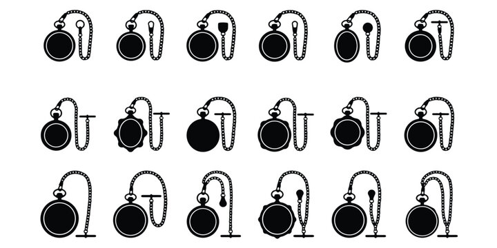 Vintage pocket watch icon set collection with silhouette collection timepiece accessory measurement illustration instrument traditional mechanical presentation