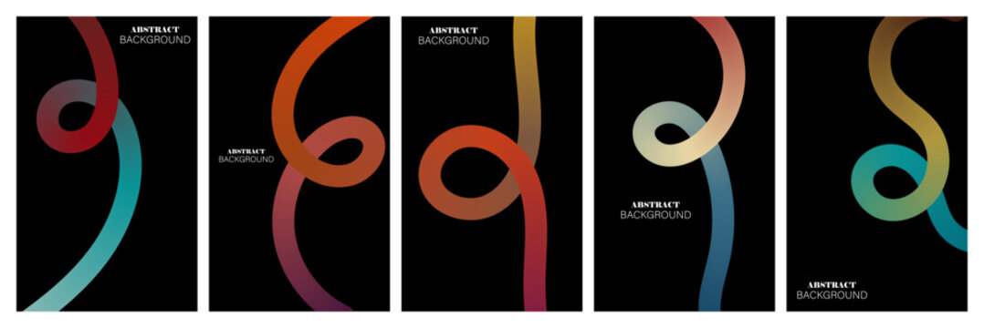 A collection of five vertical panels featuring vibrant neon light trails forming abstract circular loops and flowing wavy patterns against a deep black background