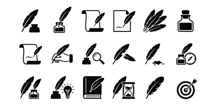 Writing and authorship icon collection with authorship literature silhouette education calligraphy document collection instrument creative learning stationery illustration academic