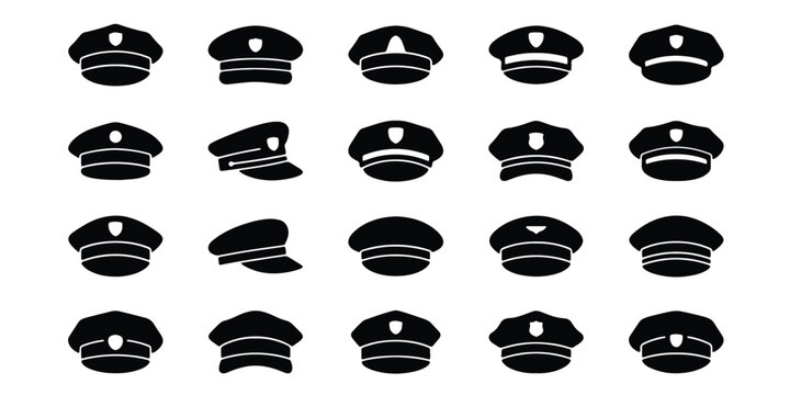 Police officer hat icon collection with enforcement silhouette security authority protection official collection headwear profession government emergency professionals isolated accessory