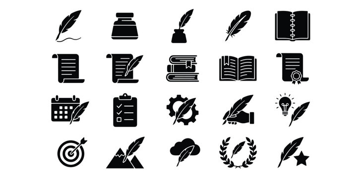 Literature and stationery icon set with literature stationery education silhouette document academic collection learning knowledge calligraphy creative illustration research signature