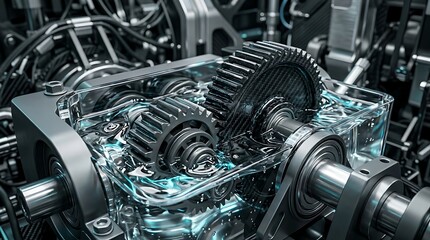 Fototapeta premium Close-up of a modern engine with visible gears and internal components, showcasing precision engineering and mechanical detail.