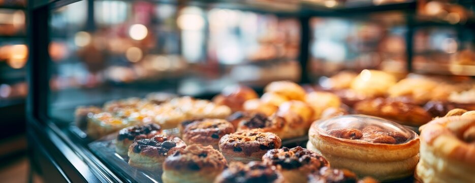 Bakery display showcasing various pastries and baked goods  