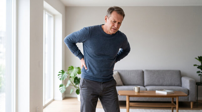 Man wearing a blue sweater standing in a living room, holding his lower back with both ad social media download thambnail poster web template event festival 2026 2027 2028