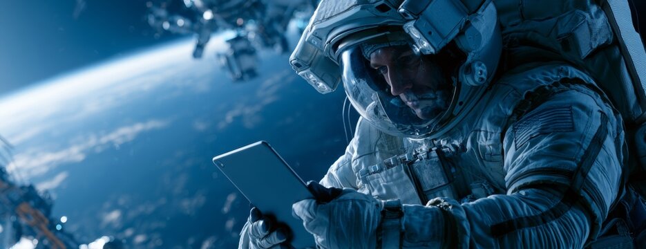 Astronaut using tablet while floating in space above Earth  
